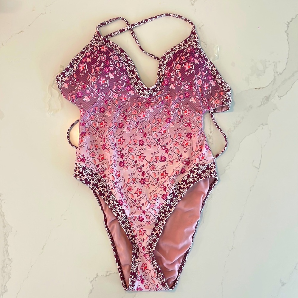 Lucky Brand Purple Floral Low-back Cheeky One Piece Bathing Suit Size Medium